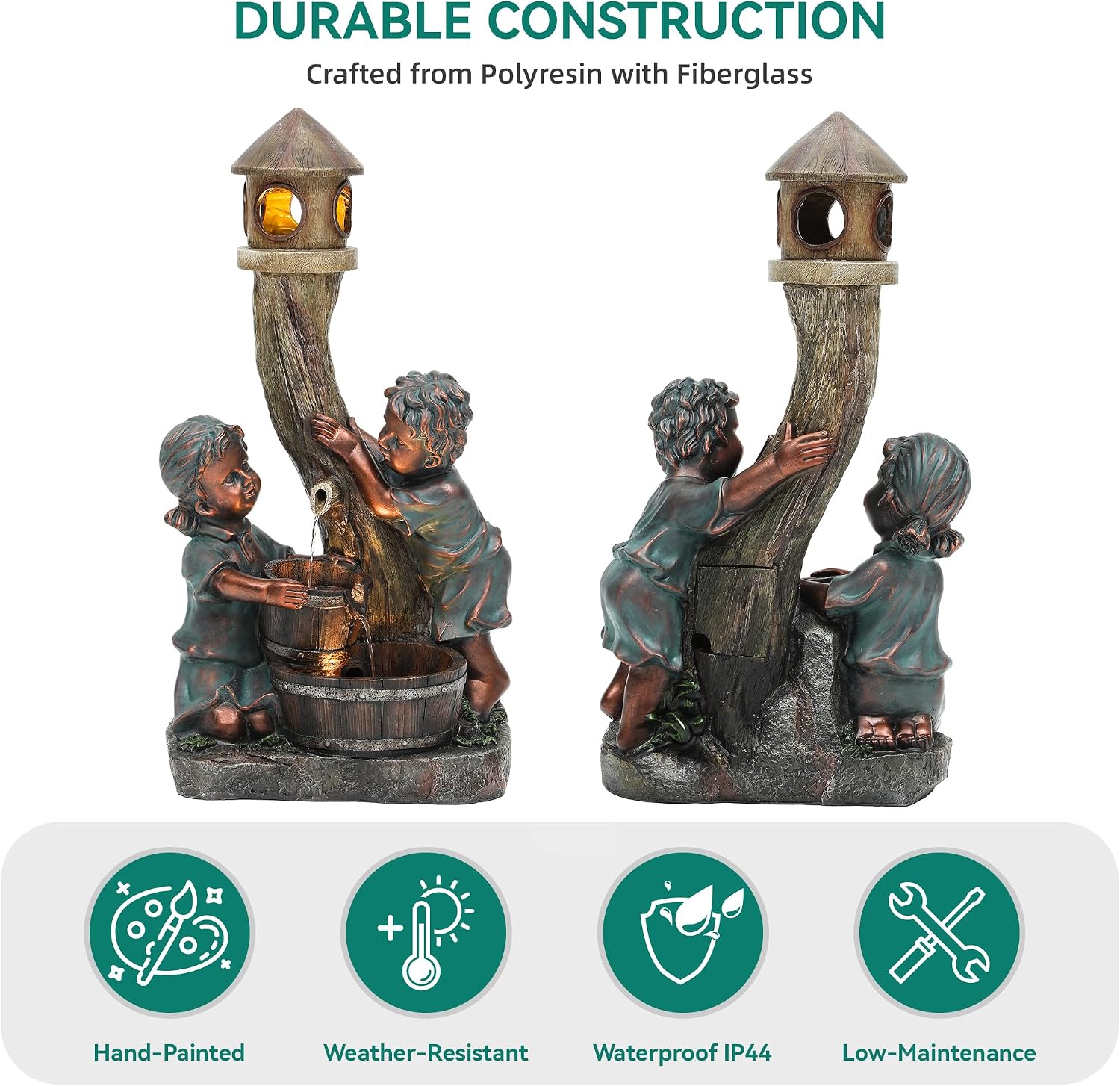 31' H Boy & Girl Outdoor Water Fountain with LED Lights, Faux Bronze Resin Statue Fountain, Wood Barrel & Pagoda Design, 3-Tier Cascading Waterfall for Serene Patio, Yard and Porch