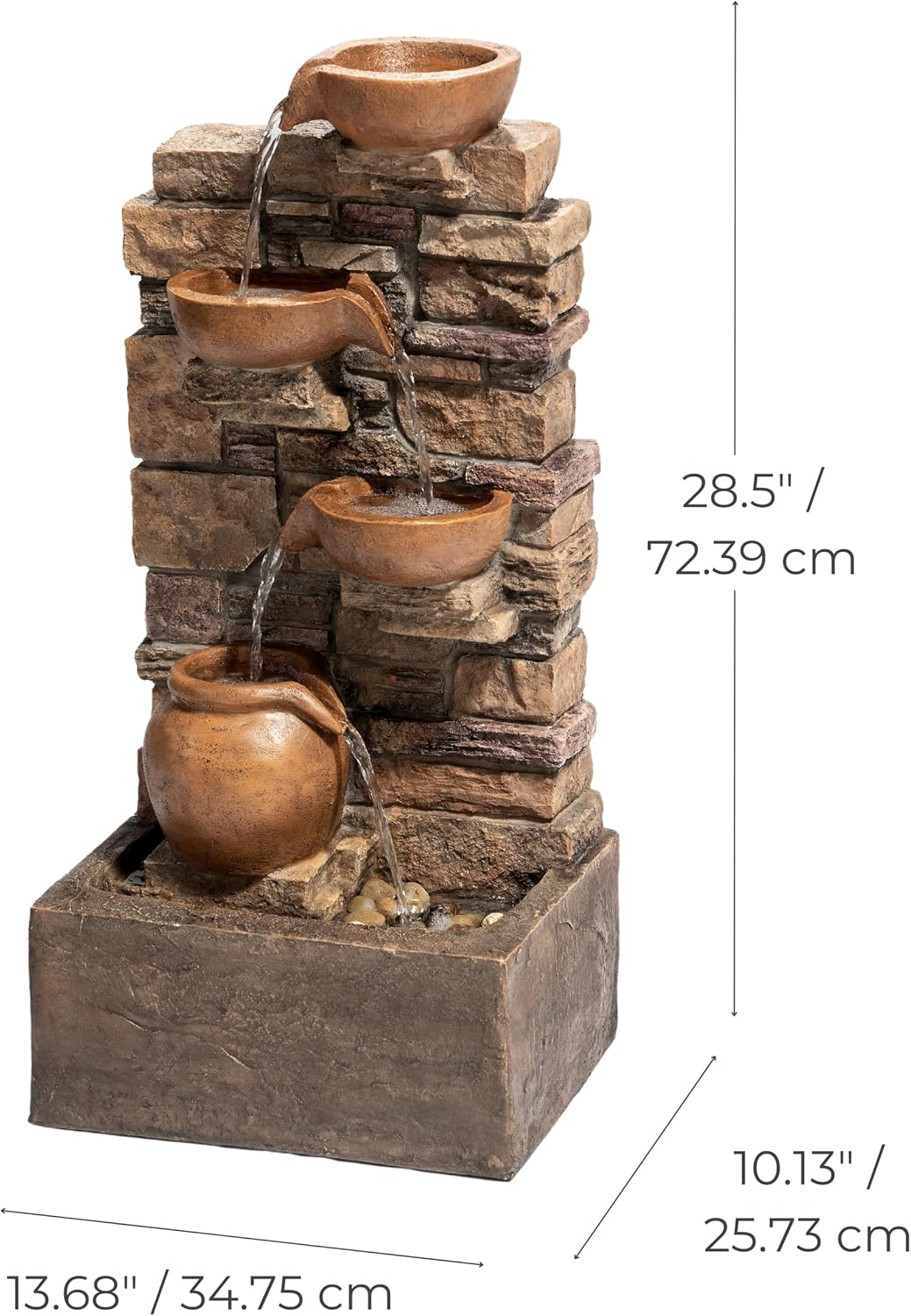 Teamson Home 28.5' Outdoor 4-Tier Stacked Stone Cascading Water Fountain with LED Lights, Brown
