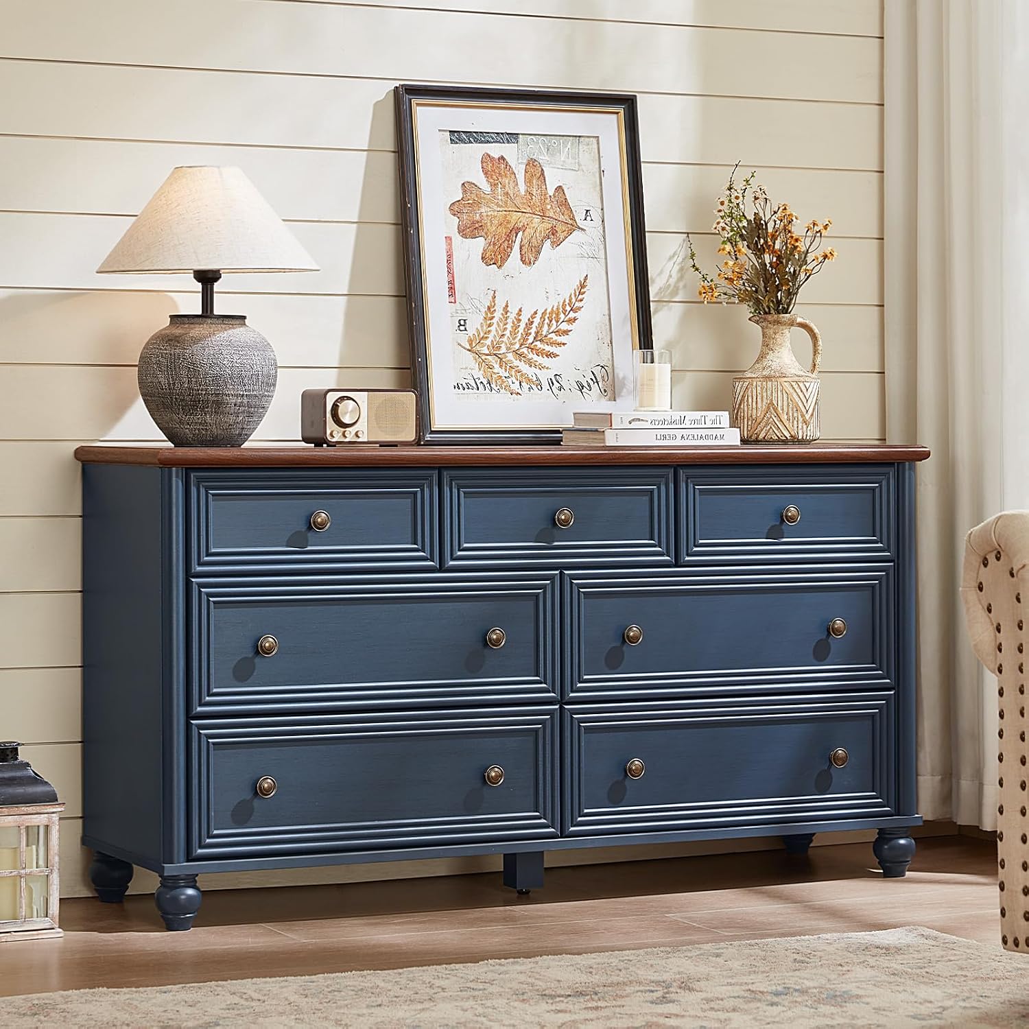 Farmhouse Dressers & Night Stand Set of 3, Wood 54' Wide 7 Drawer Dresser & 35.5'Tall Chest of Drawers, 18' with Charging Station Nightstand, Bedroom Furniture Dresser Set for Home Living Room Hallway