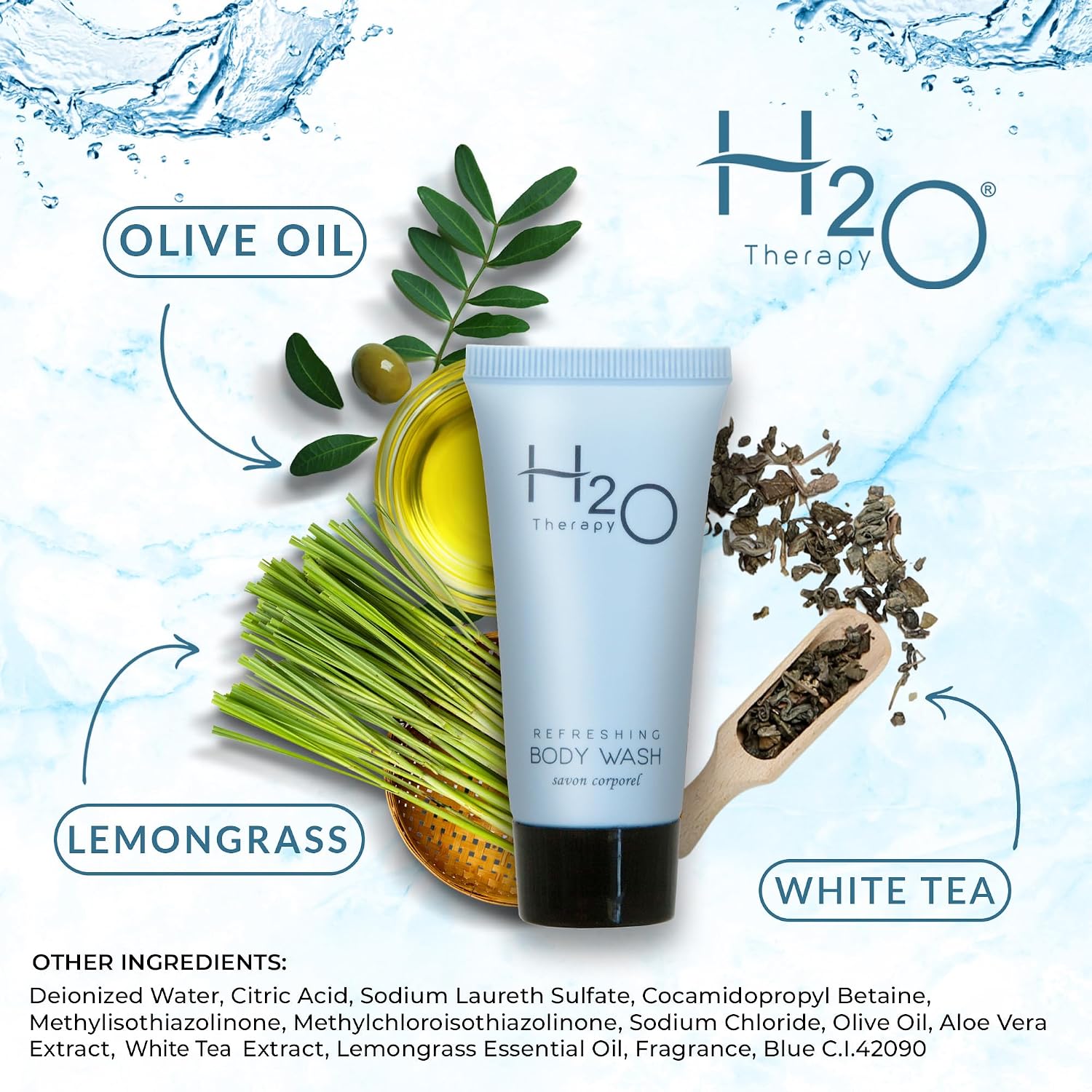 H2O Therapy Hotel Body Wash 0.85 oz Travel Size Bottles | Bulk 300 Pack | White Tea with Aloe & Olive Oil | Paraben Free Guest Amenities Complimentary Toiletries for Vacation Rentals
