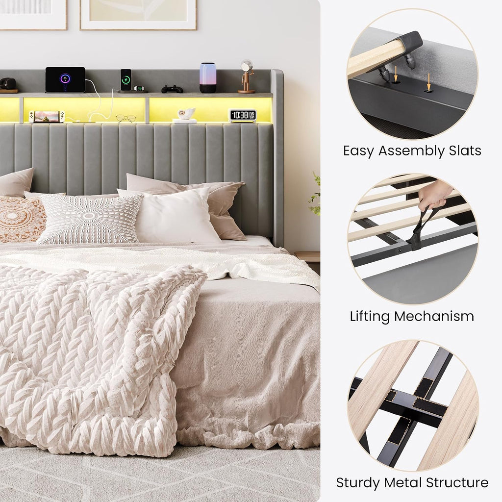 SHA CERLIN King Size Lift Up Storage Bed Frame/LED Lights/Charging Station/2-Tier Shelves Headboard/USB,Type-C Ports/Velvet Upholstered/Hydraulic Support/No Box Spring Needed/Noise Free/Gray