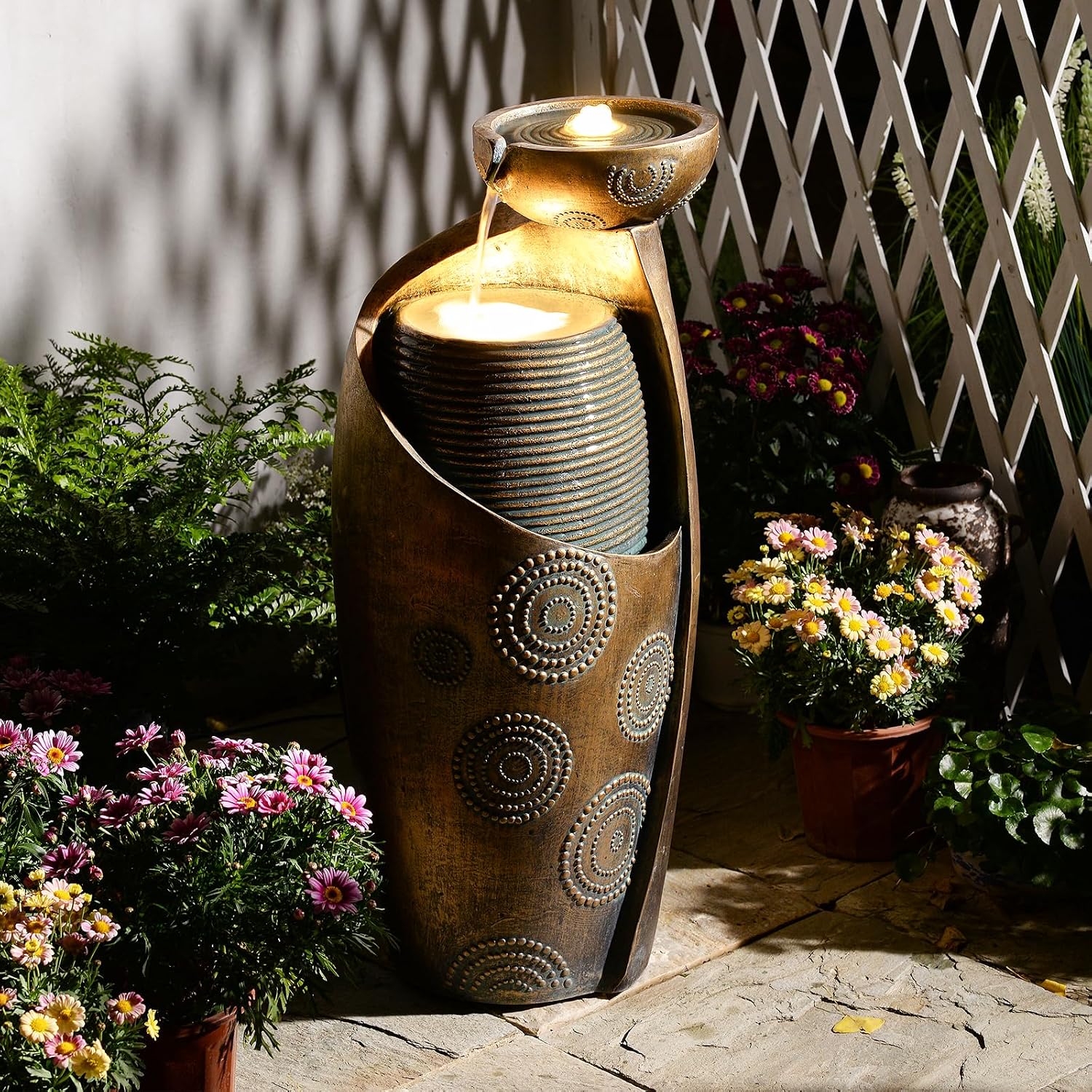 Tankana Outdoor Water Fountain Feature Indoor Garden Large Jar Floor Standing Fountains Waterfall with LED Light & Pump for Home Decor Office Yard Patio Deck Porch, Goldish-Bronze, 32 inches