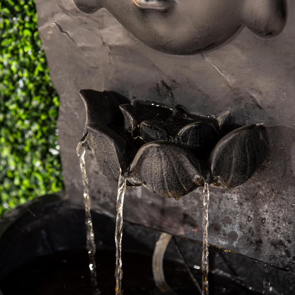 XBrand 30 in H Buddha Zen Indoor/Outdoor Wall Water Fountain, Cascading Resin Garden Fountain with Warm LED Light, Soothing Water Feature for Patio, Porch, Backyard or Meditation Decor, Black