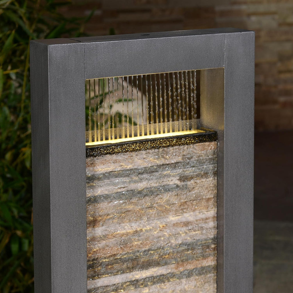 Zen Garden Metal Fountain with Stone Brick Accent - Tranquil Harmony