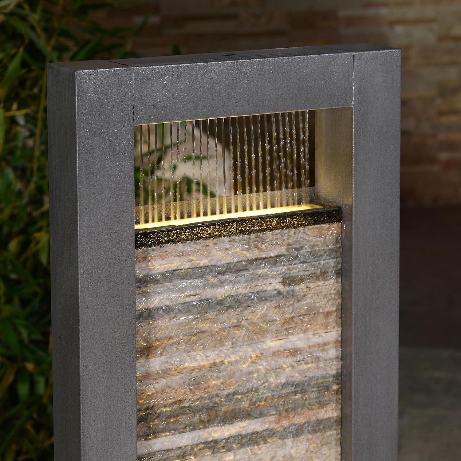 Zen Garden Metal Fountain with Stone Brick Accent - Tranquil Harmony