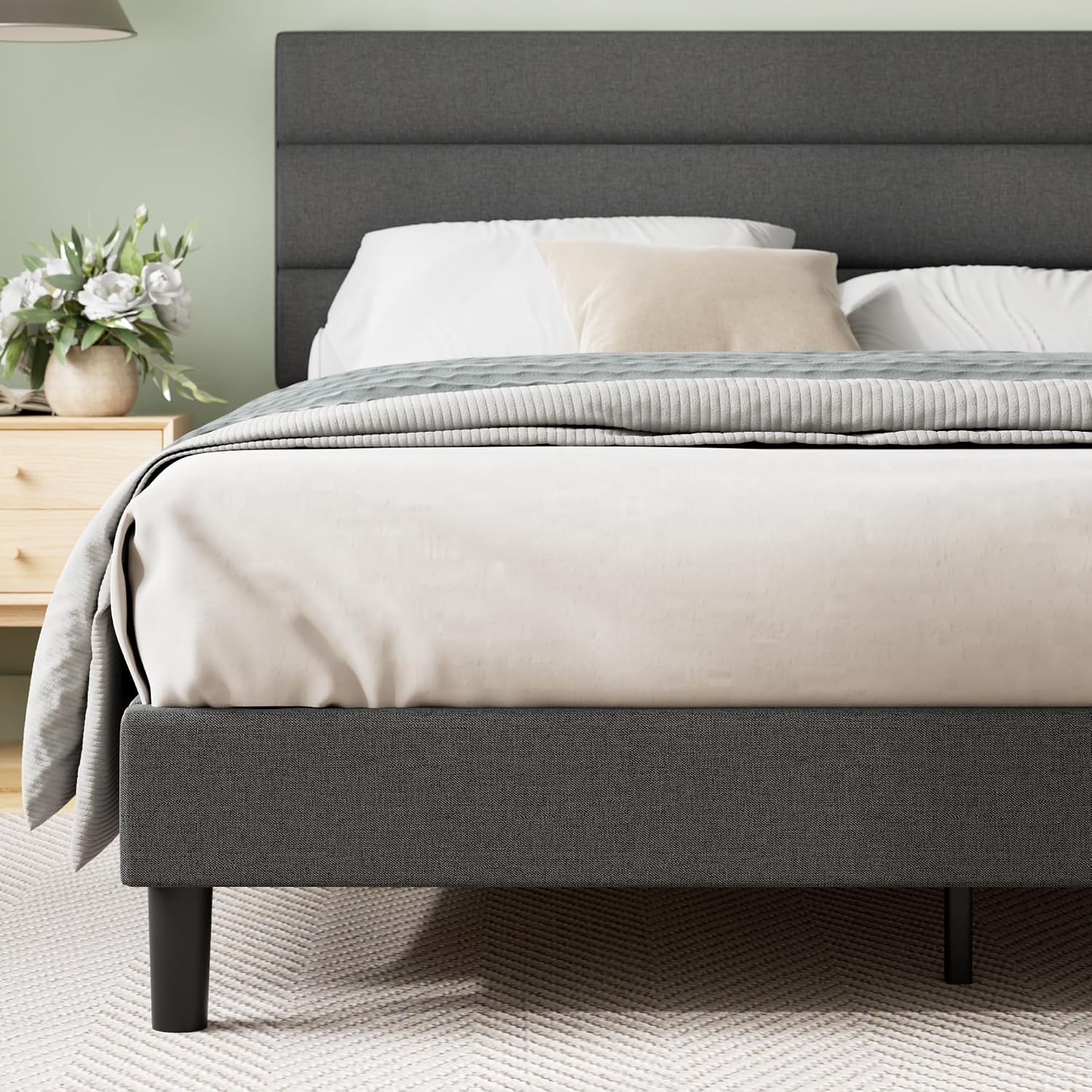 Zinus King Piper Upholstered Platform Bed with Horizontal Paneled Headboard, Wooden Slat Support, No Box Spring Needed, Easy Assembly, Eco Friendly Packaging, Dark Grey