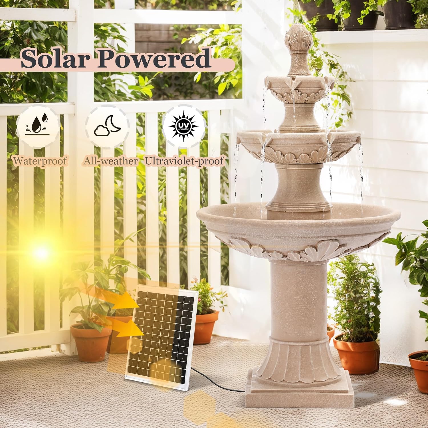 MAGIC UNION Outdoor Solar Water Fountains, 48.4''H Italian Style Garden Fountains and Waterfalls Outside, 3-Tier Large Bubbler Cascading Water Fountain with Pump and Solar Panel for Home Yard Decor