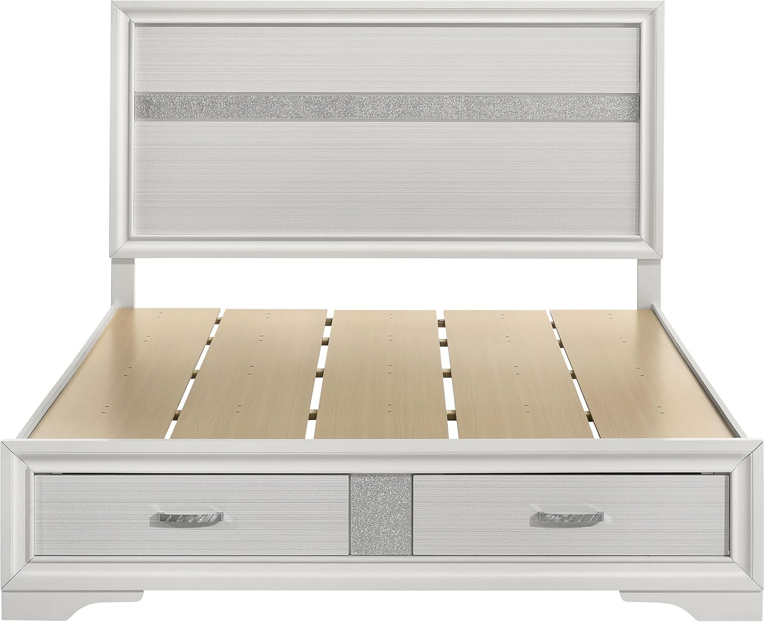 BOWERY HILL Modern Queen Storage Panel Bed, Asian Hardwood and MDF, White/Rhinestone Finish, Built-in Footboard Drawers, Contemporary Design, Glamorous Bedroom Furniture, 50.25 in H x 63.5 in W x