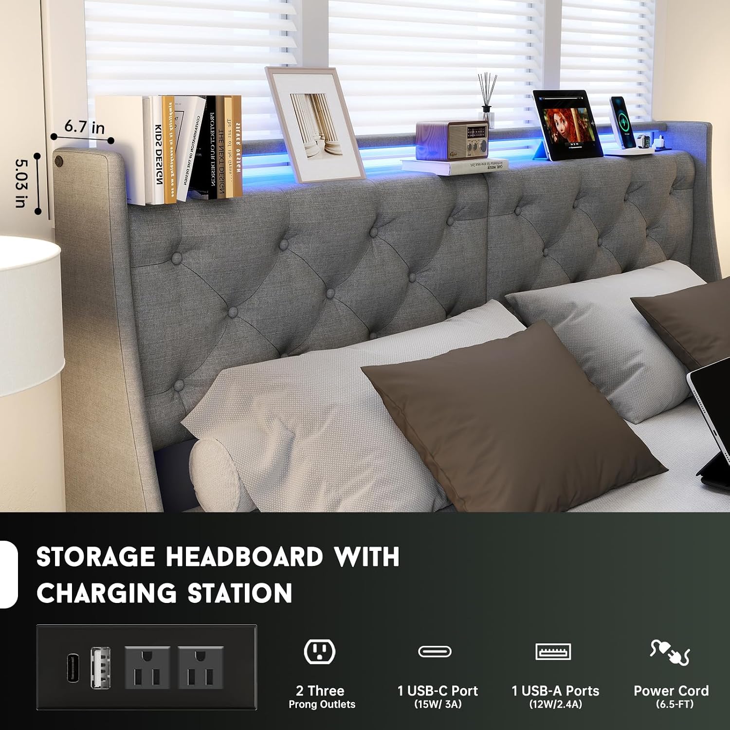 King Size Bed Frame with LED Lights and Charging Station, Upholstered Platform Bed with Storage Headboard and 4 Drawers, Metal Slat Support, Noise-Free, No Box Spring Needed, Easy Assembly, Gray