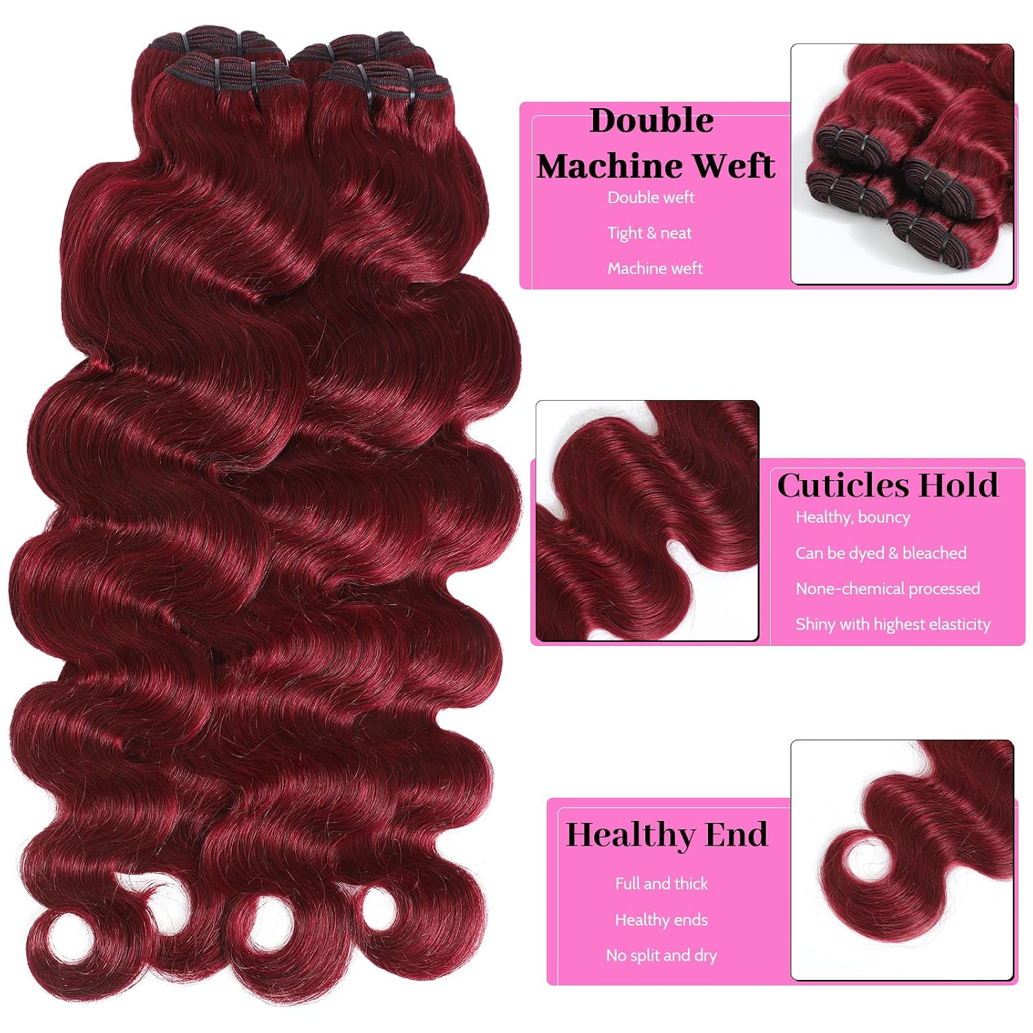 99J Red Body Wave Human Hair Bundles 15A Raw Indian Hair Bundle burgundy Body Wave Bundles Hair Extensions(4 bundles 14 16 18 20)