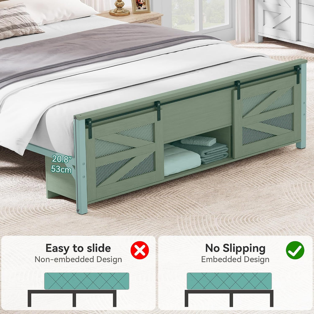 YITAHOME Queen Size Farmhouse Bed Frame with Sliding Barn Door Storage Cabinets, Platform Bed Frame with 47.2' Headboard, Solid Metal Slats Support, Noiseless, No Box Spring Needed, Oak