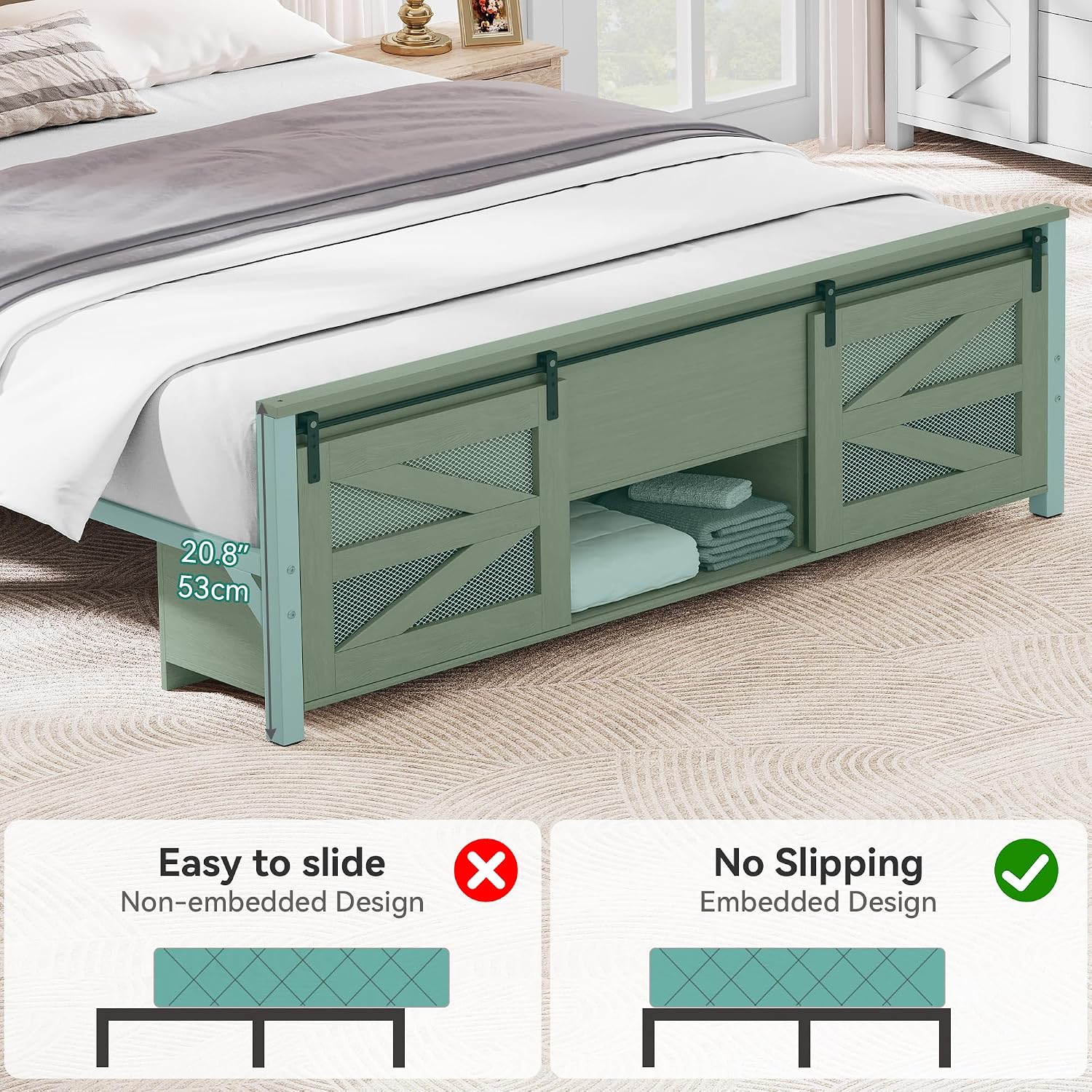 YITAHOME Queen Size Farmhouse Bed Frame with Sliding Barn Door Storage Cabinets, Platform Bed Frame with 47.2' Headboard, Solid Metal Slats Support, Noiseless, No Box Spring Needed, Oak