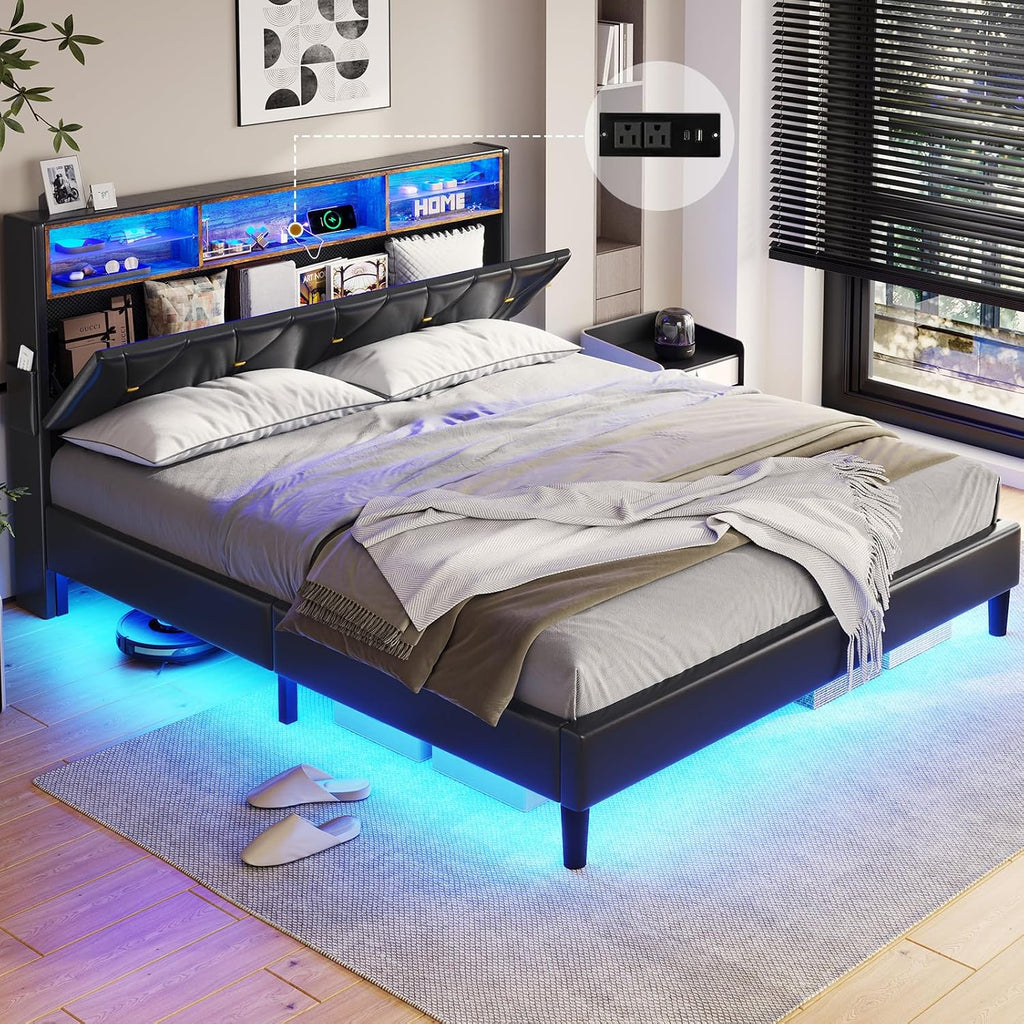 BTHFST Queen Bed Frame with LED Lights & Charging Station,LED Bed Frame Queen Size with Storage Shelf Headboard,Faux Leather Upholstered Bed, Black PU
