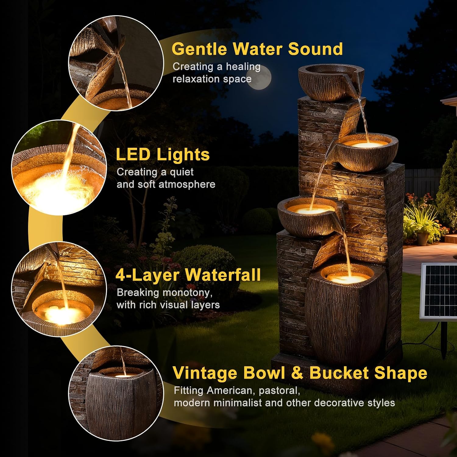 38.2' Tall Solar Water Fountain Outdoor Garden,Stone Texture Modern 4 Tiers Cascading Bowls Garden Fountains Outdoor,Suit for Patio, Deck, Porch, Lawns, Backyard and Home Art Decor