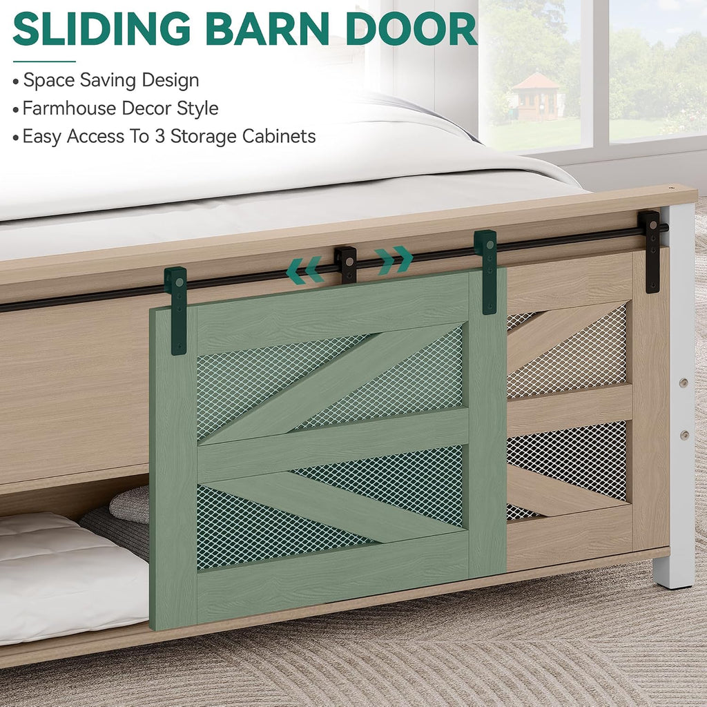 YITAHOME Queen Size Farmhouse Bed Frame with Sliding Barn Door Storage Cabinets, Platform Bed Frame with 47.2' Headboard, Solid Metal Slats Support, Noiseless, No Box Spring Needed, Oak