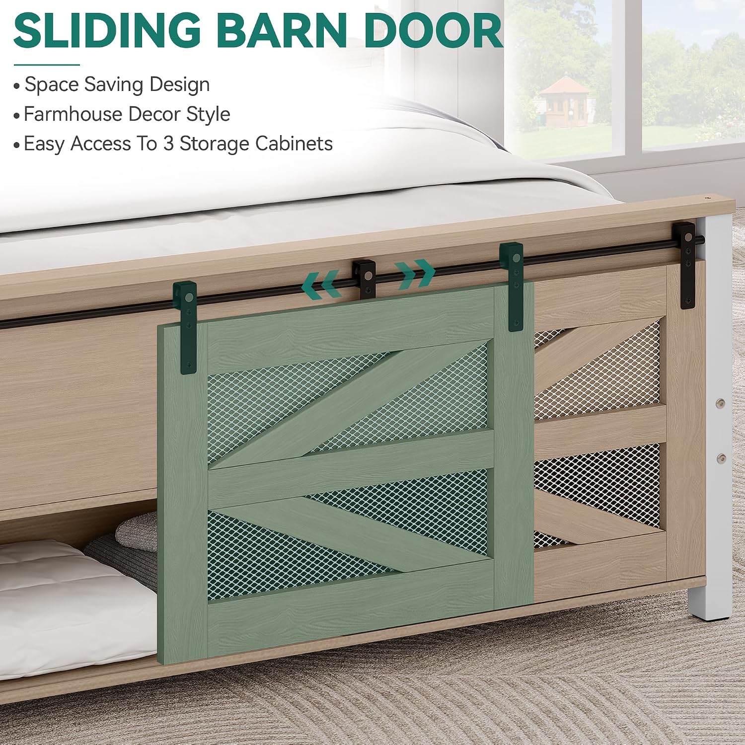 YITAHOME Queen Size Farmhouse Bed Frame with Sliding Barn Door Storage Cabinets, Platform Bed Frame with 47.2' Headboard, Solid Metal Slats Support, Noiseless, No Box Spring Needed, Oak