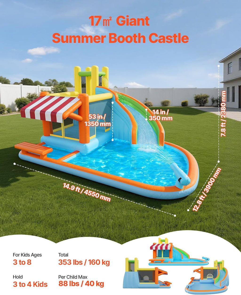 VEVOR Inflatable Pretend Market Bounce House with Blower Large 6-in-1 Kids Water Slide Castle with Splash Pool Climbing Wall Play Booth & Bounce Area for Kids