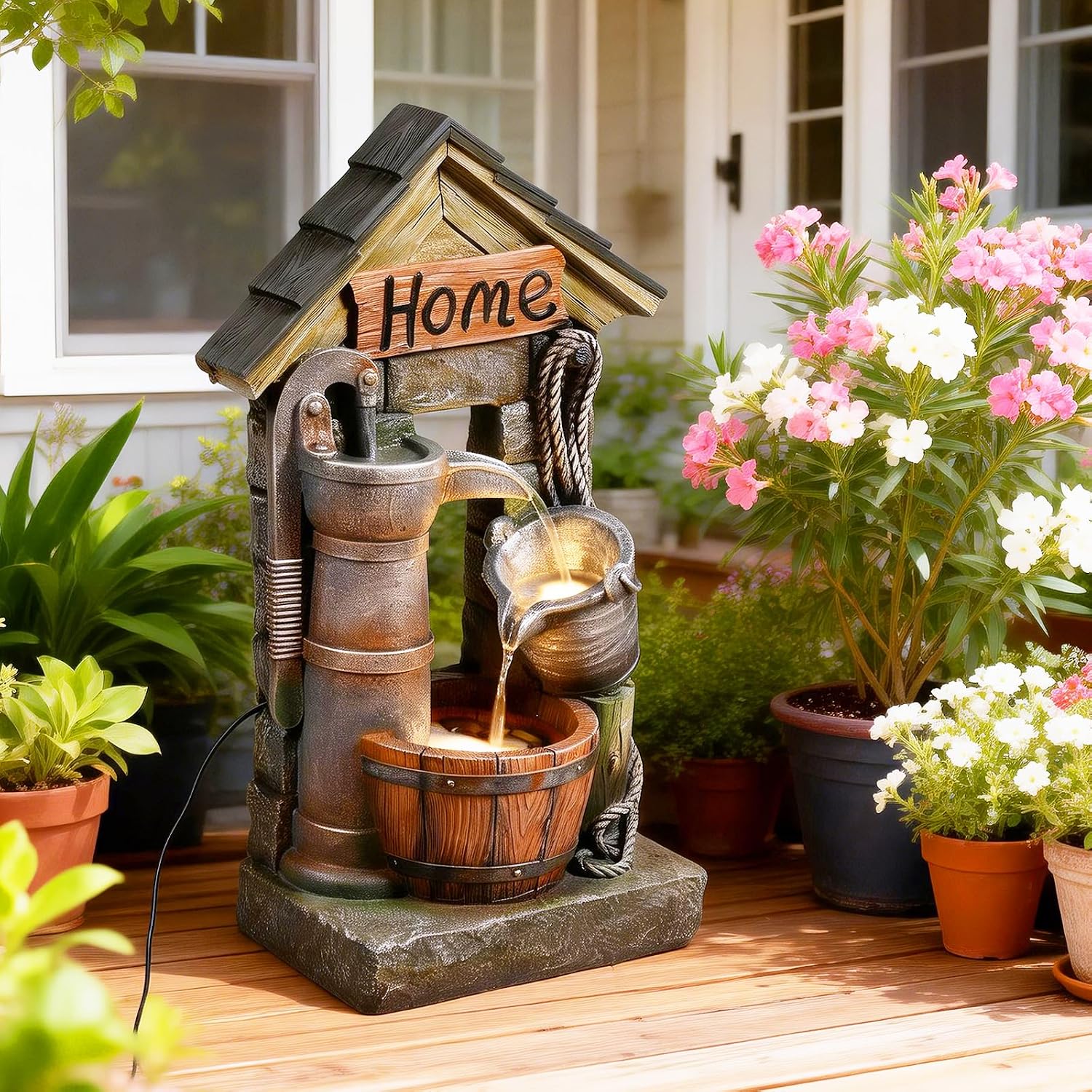 Vintage Country Style Wall-Mounted and Freestanding Outdoor Fountain, 28.7 H Resin Garden Water Feature with Water Well and Wine Barrel for Gardens, Landscaping, Patios, Balconies, Lawns