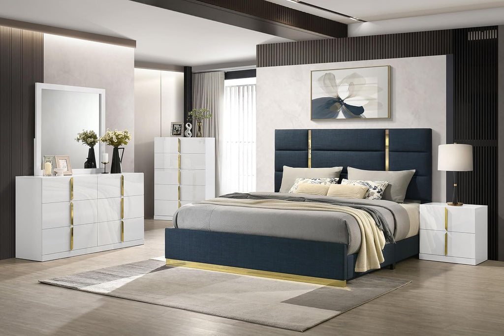 Coaster Home Furnishings - INES - Wood - 5-Piece Bedroom Set with Upholstered Bed and Flat Drawer Fronts - Bedroom - Queen Size - White High Gloss and Navy - 223091NVYQ-S5