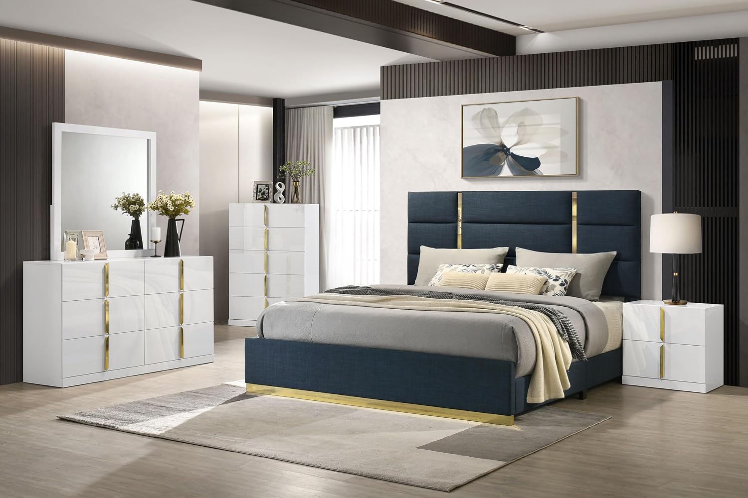 Coaster Home Furnishings - INES - Wood - 5-Piece Bedroom Set with Upholstered Bed and Flat Drawer Fronts - Bedroom - Queen Size - White High Gloss and Navy - 223091NVYQ-S5
