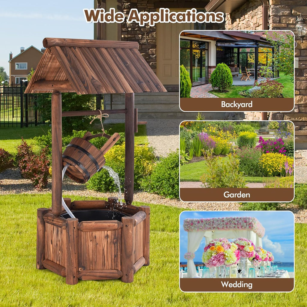 Tangkula Outdoor Wishing Well Water Fountain, Old-Fashioned Wood Waterfall Fountain w/Bucket Pump, Rustic Farmhouse Decoration for Garden, Backyard, 46 Inch Tall (20' x 23' x 46')