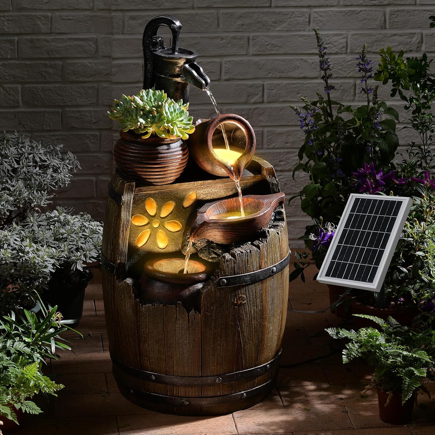 Solar Water Fountain Outdoor Rustic Pump and Barrel, 29' H Cascading Solar Powered Waterfall Fountains Outside Feature with LED Lights for Garden, Patio, Porch, Backyard Decor