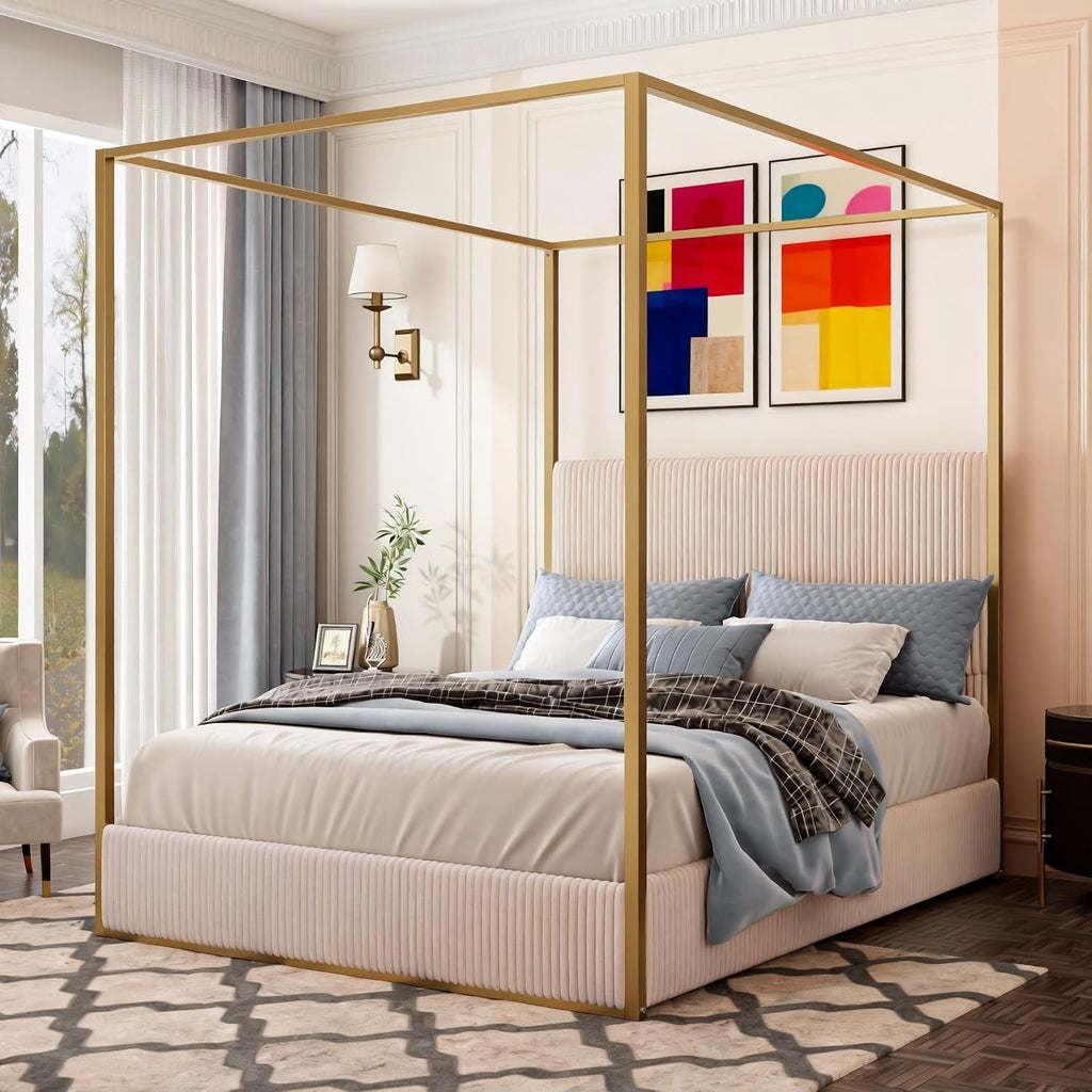 Four Poster Queen Bed Frame - Modern Metal Canopy Design with Tall Upholstered Headboard, Luxury Master Bedroom Furniture (Beige,Gold, Queen)