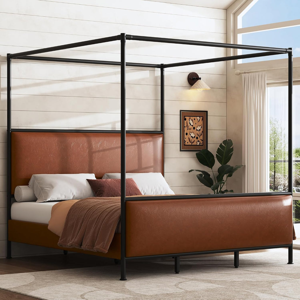 King Size Canopy Bed Frame with Tall Upholstered Headboard and Iron Legs, No Box Spring Needed (Brown+Black, King)