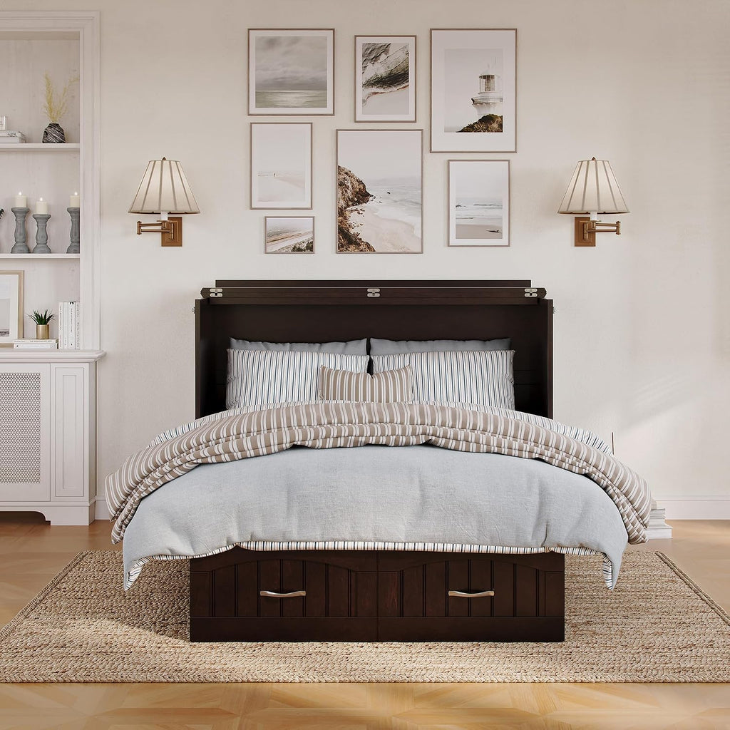 AFI, Nantucket Full Size Murphy Bed Chest with Mattress, Built-in Charging Station and Storage Drawer, Full, Espresso