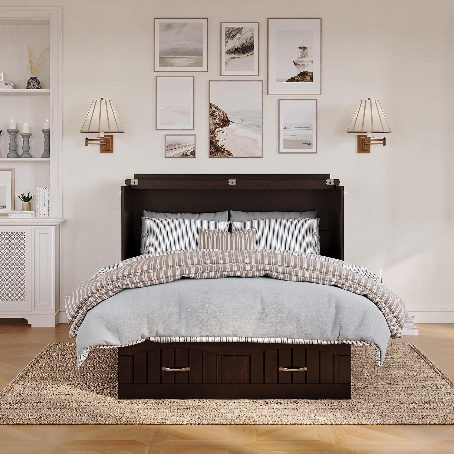 AFI, Nantucket Full Size Murphy Bed Chest with Mattress, Built-in Charging Station and Storage Drawer, Full, Espresso