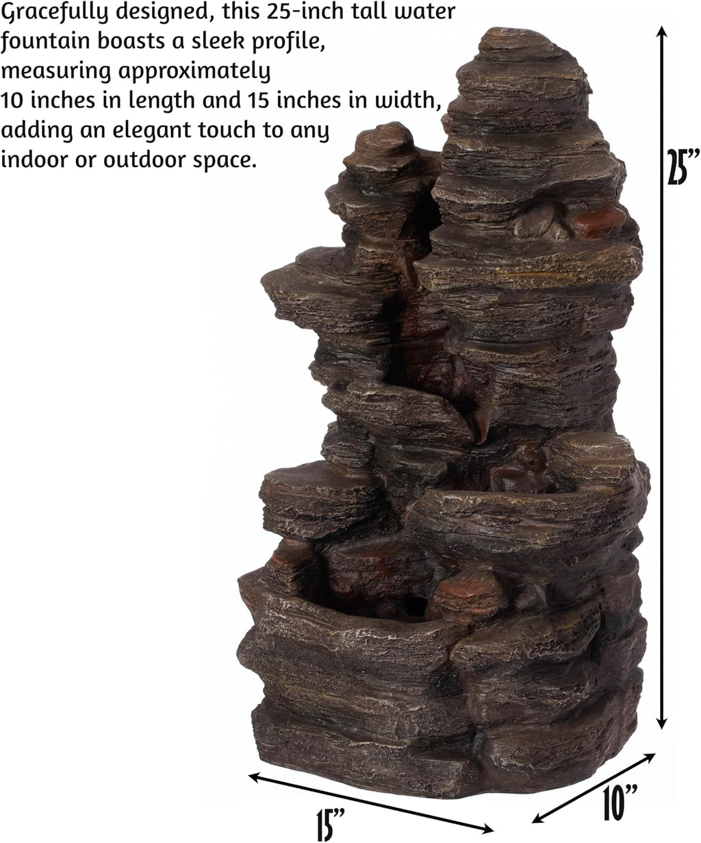 Cascading Electric Powered 4-Tier Rock Water Fountain with LED Lights 24' for Indoor and Outdoor Use