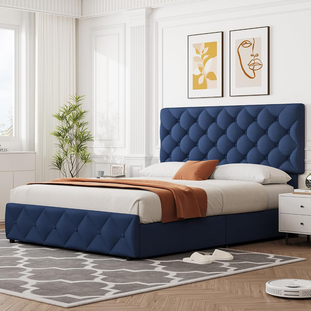 IDEALHOUSE Full Size Bed Frame with 4 Storage Drawers and Adjustable Headboard, Linen Upholstered Platform Beds, Diamond Stitched Button Tufted, No Box Spring Needed, Blue