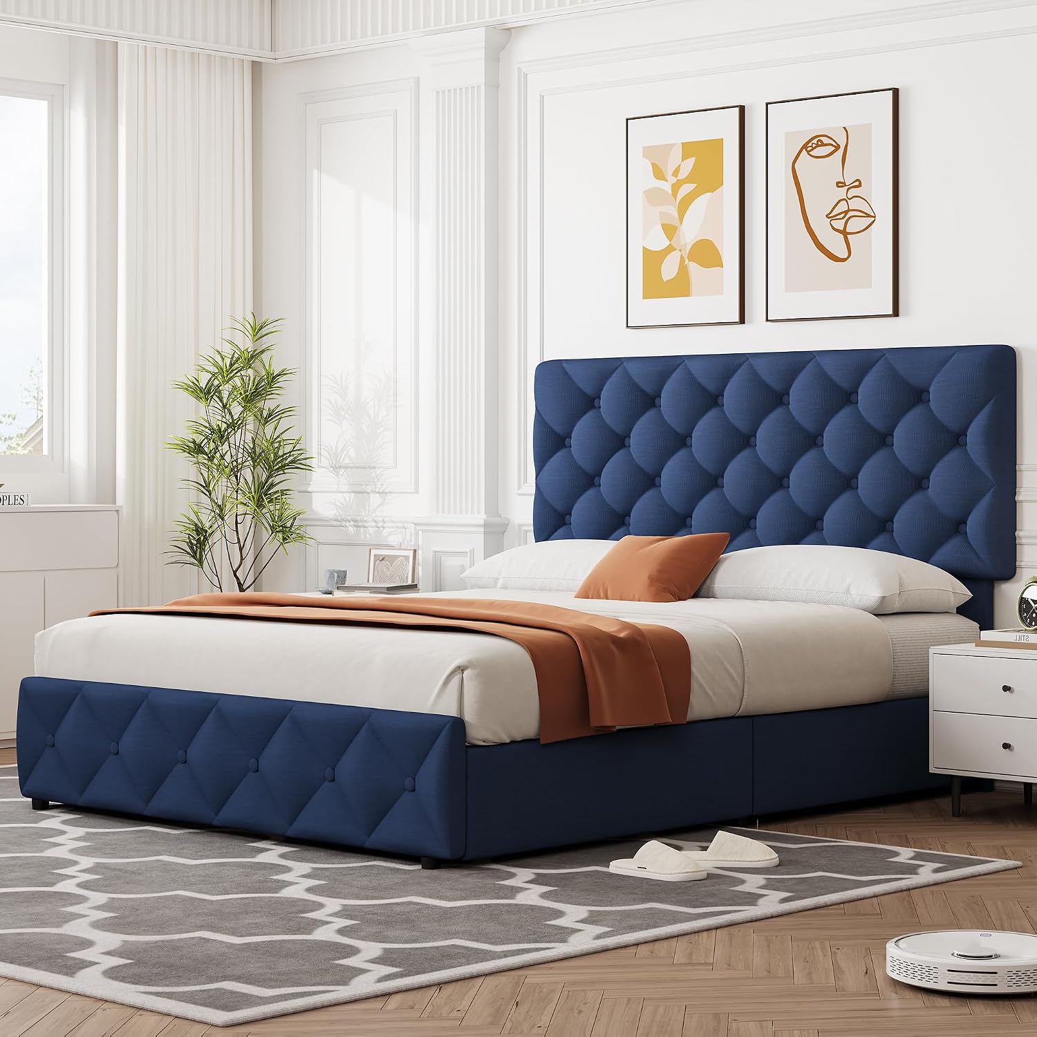 IDEALHOUSE Full Size Bed Frame with 4 Storage Drawers and Adjustable Headboard, Linen Upholstered Platform Beds, Diamond Stitched Button Tufted, No Box Spring Needed, Blue