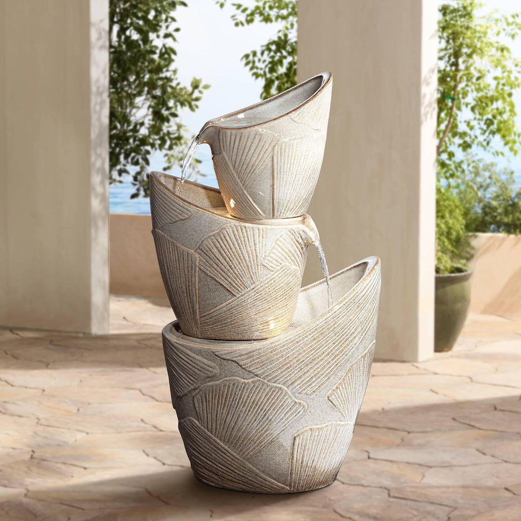 Three Urn 30' High Large Coastal Modern Indoor Outdoor Decor Faux Stone Floor Fountain with Light LED Waterfall Cascading Water Feature for Outside Garden Patio Yard Backyard - John Timberland