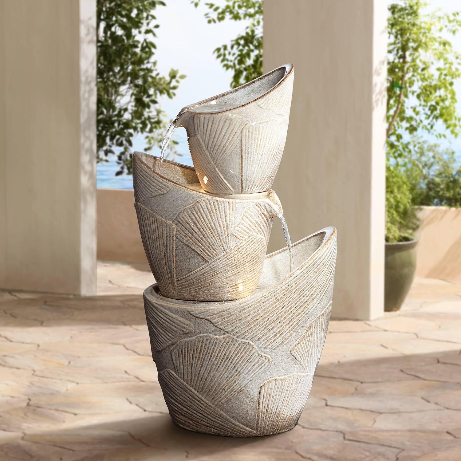 Three Urn 30' High Large Coastal Modern Indoor Outdoor Decor Faux Stone Floor Fountain with Light LED Waterfall Cascading Water Feature for Outside Garden Patio Yard Backyard - John Timberland