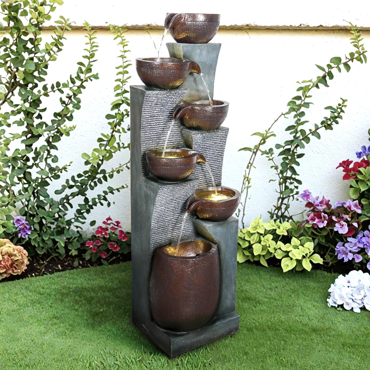 SunJet 6-Tiers Indoor/Outdoor Garden Water Fountain - 53.5inches Modern Floor-Standing Cascading Water Feature - Suitable for Deck, Patio, Porch, Yard Decor