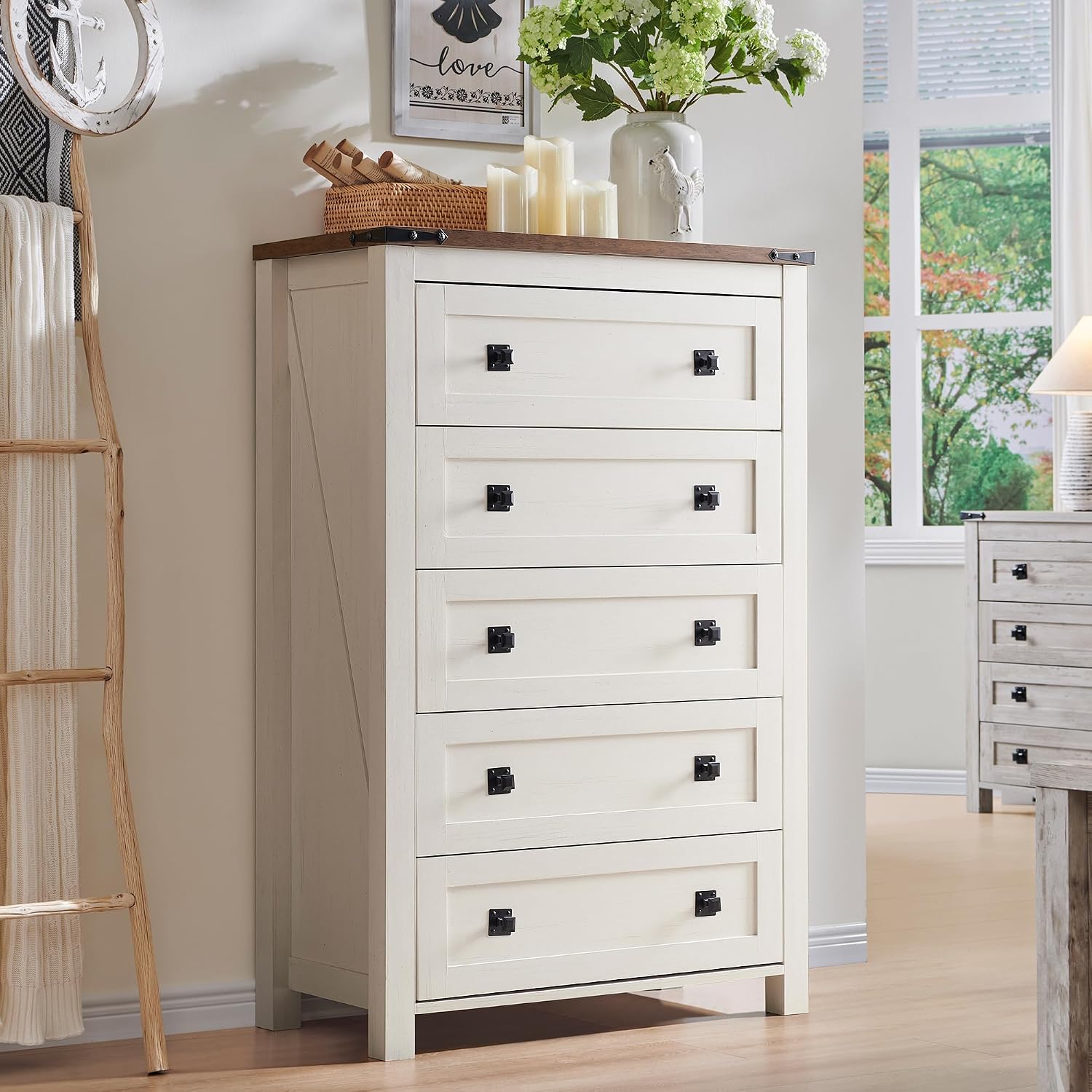 RedLemon Farmhouse 5 Drawer Dresser, 48' Tall Rustic Chest of Drawers, Wood Dresser for Bedroom, Living Room, Hallway, Antique White