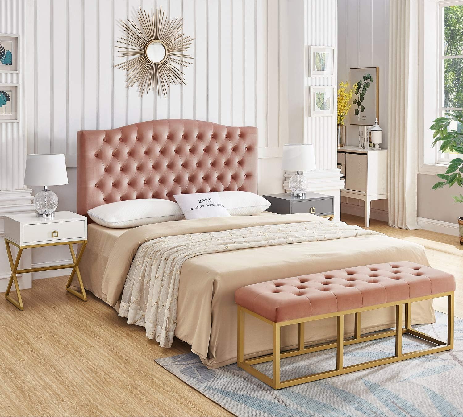 24KF Upholstered Tufted Button Velvet Headboard,Comfortable Fashional Headboard Queen/Full Size,Blush
