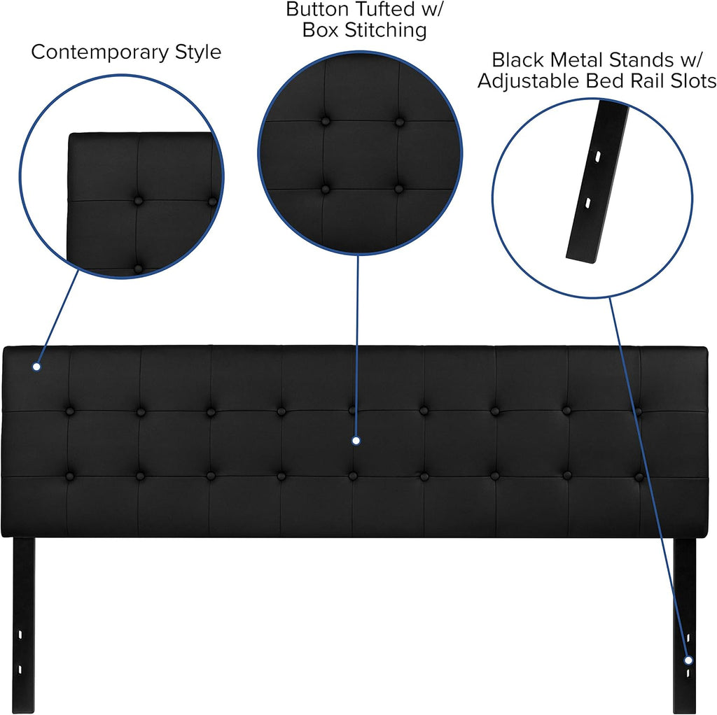 Flash Furniture Lennox Adjustable Height Button Tufted and Box Stitch Upholstered King Size Headboard in Black Vinyl