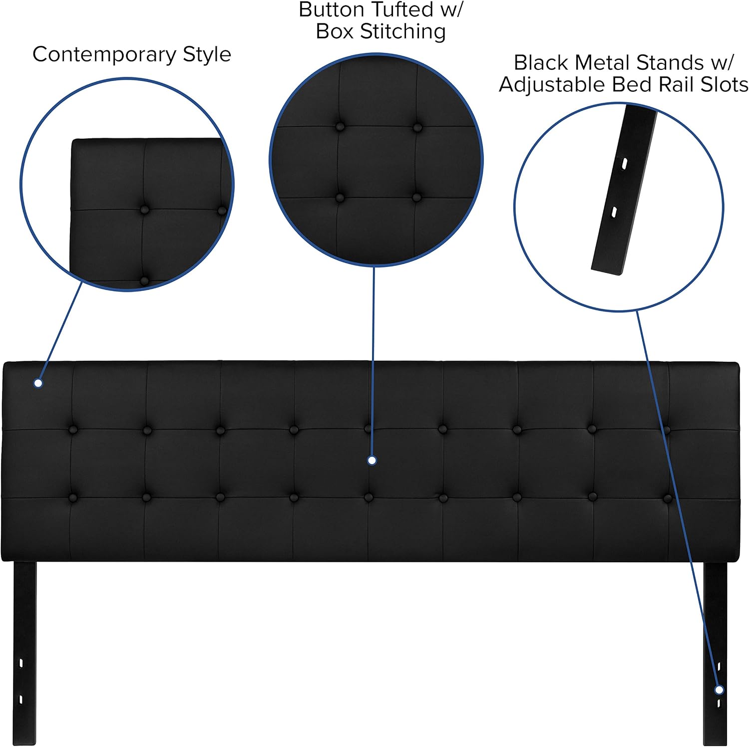 Flash Furniture Lennox Adjustable Height Button Tufted and Box Stitch Upholstered King Size Headboard in Black Vinyl