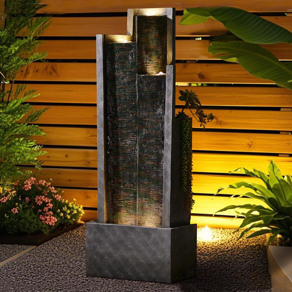 49.6' H Garden Fountains Outdoor Modern Cascading Indoor Water Fountain Tall Floor - Standing Fountain with Lights for Garden, Patio, Yard, Deck and Home Art Decor