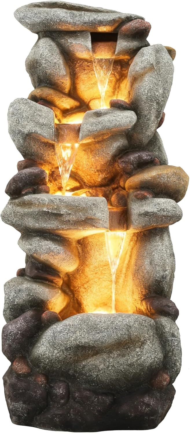 Utym 40' H Oversized Rock Outdoor Fountain with Warm LED Lights, 3-Tier Extra-Large Stacked River Pebbles Waterfall, Weather-Resistant Resin Feature for Garden Patio Yard