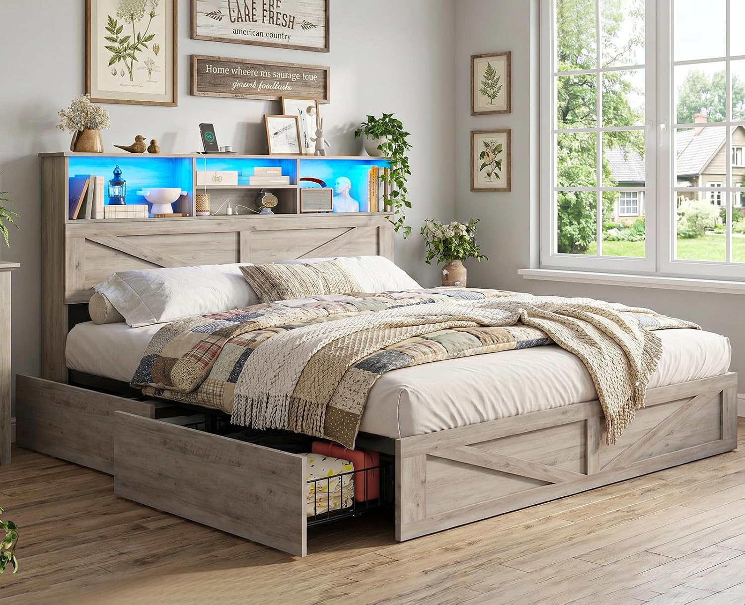 AOGLLATI Full Size Bed Frame with Storage Bookcase Headboard and 4 Drawers,Wooden Farmhouse Led Bed Frame Full Size with Charging Station & Metal Slats, Grey