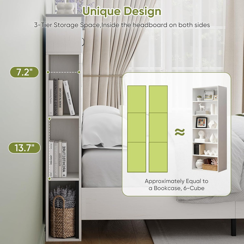 Farmhouse Full Size Bed Frame with 51' Tall Storage Headboard, 3-Tier Bookcase on Both Sides, Wooden Full Bed Frame with Charging Station and LED Lights, Noise Free, No Box Spring Needed, White