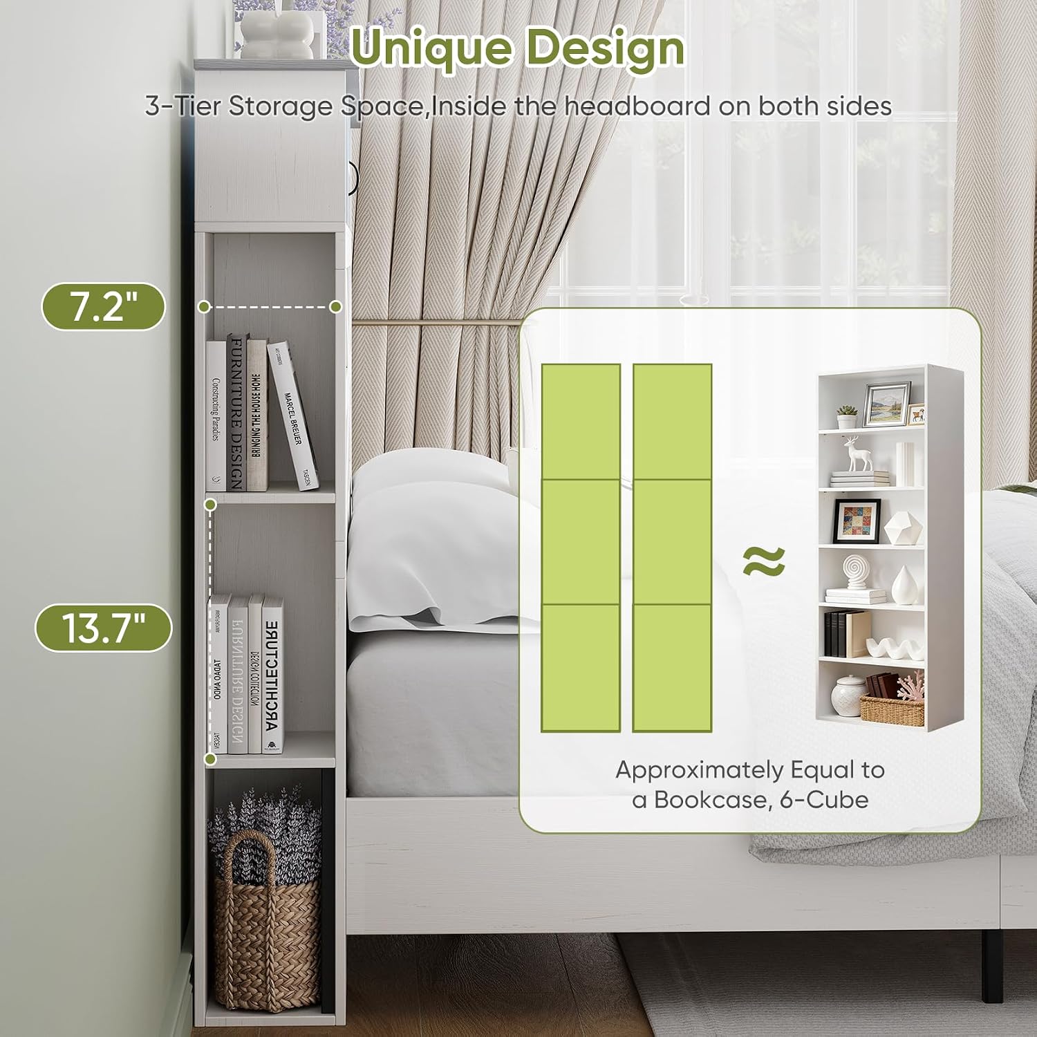 Farmhouse Full Size Bed Frame with 51' Tall Storage Headboard, 3-Tier Bookcase on Both Sides, Wooden Full Bed Frame with Charging Station and LED Lights, Noise Free, No Box Spring Needed, White