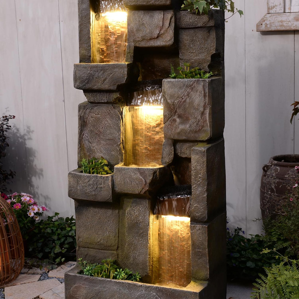 Tall Water Wall Fountain Outdoor with LED Lights, 56.3' Large Resin Cascading Waterfall Feature with Planter Design for Garden Patio Backyard Décor, Large Outdoor Fountain