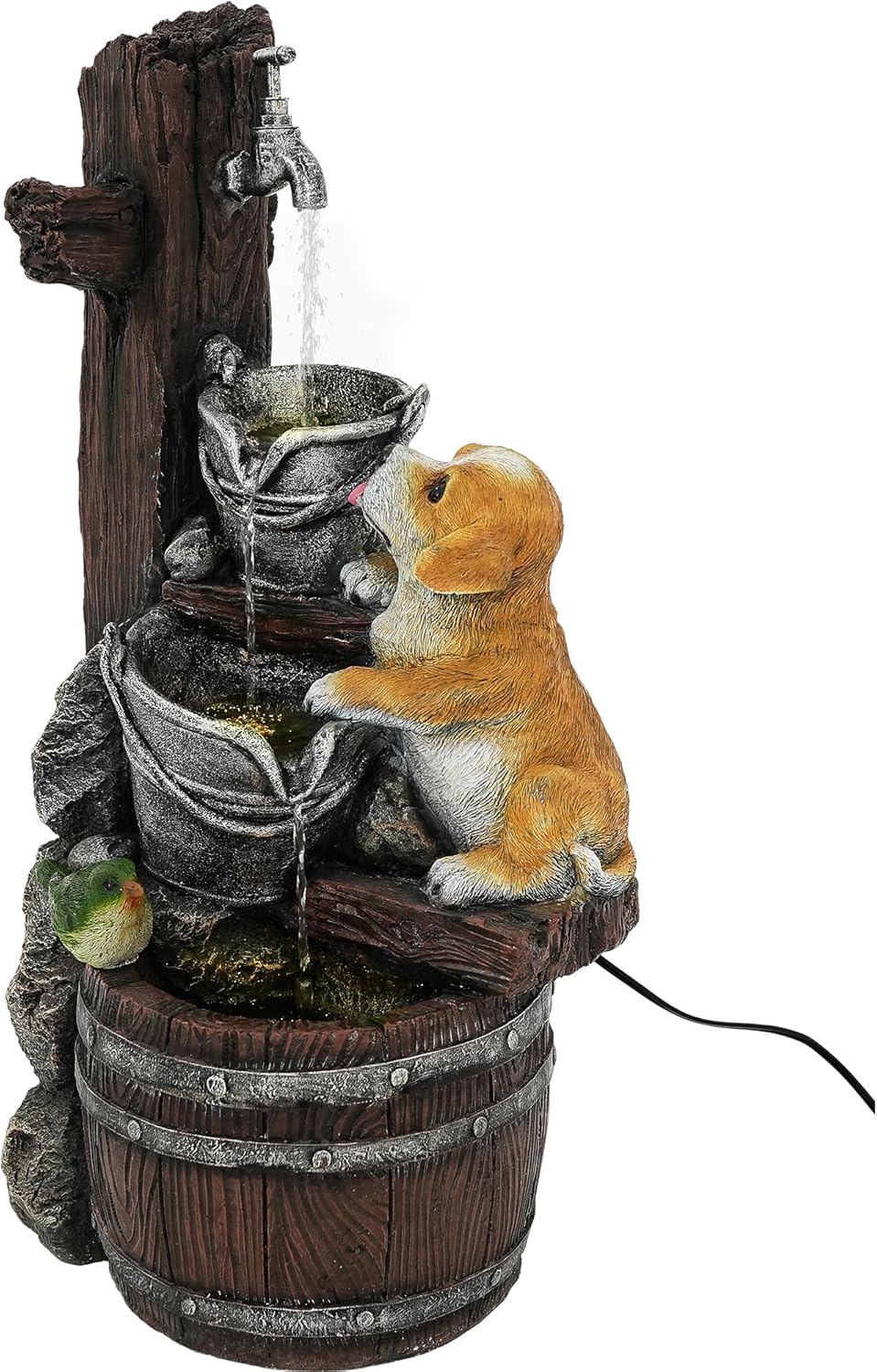 24.5' Puppy & Green Bird Outdoor Fountain, 3-Tier Pastoral Water Feature with LED Lights, Resin Buckets & Wooden Barrel Soothing Cascading Waterfall for Patio, Backyard, Garden