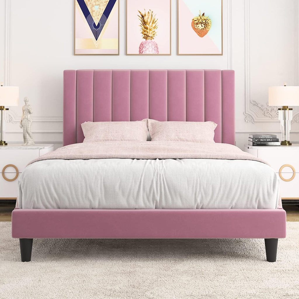 Allewie Queen Bed Frame/Velvet Upholstered Bed Frame with Vertical Channel Tufted Headboard/Strong Wooden Slats/Platform Bed Frame/Mattress Foundation/Box Spring Optional/Easy Assembly/Pink