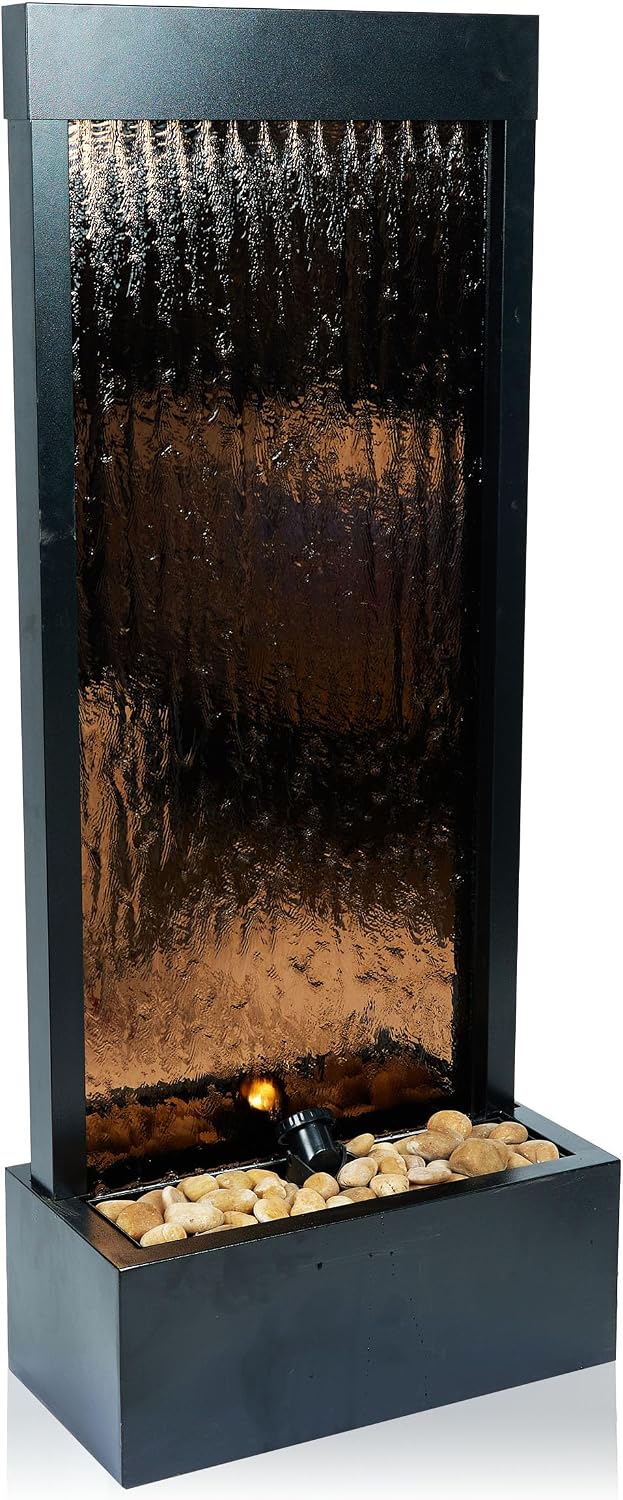 Alpine Corporation 48' Tall Indoor Modern Wall Mounted Zen Mirror Waterfall Floor Fountain with Stones and LED Lights Decor for Office, Living Room, Entryway, Bronze