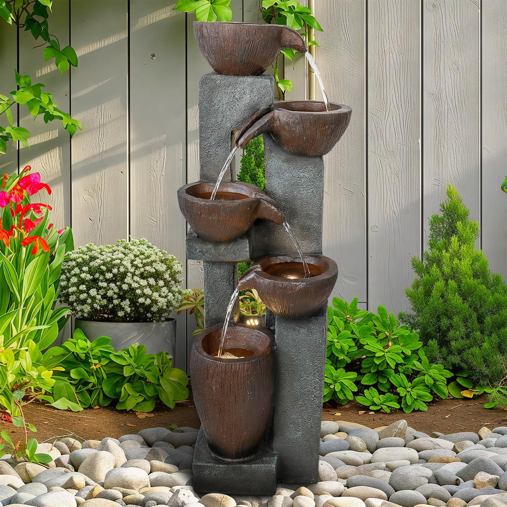 Naturefalls 39' H Modern Outdoor Fountain - 5 Crocks Outdoor Garden Fountains with Contemporary Design&LED Light for Garden, Patio, Deck, Porch, Backyard and Home Art Decor